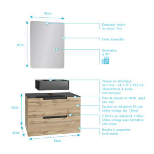 Meuble salle de bains 80 cm 2 tiroirs - Chêne et noir - Vasque rectangle - Miroir 60x80 - OMEGA