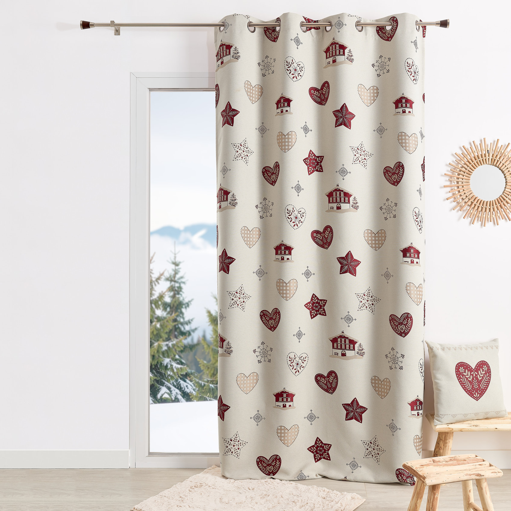 Rideau jacquard d’ameublement avec motifs chalets et cœurs - Rouge