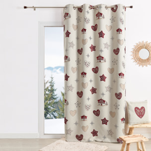 Rideau jacquard d’ameublement avec motifs chalets et cœurs - Rouge