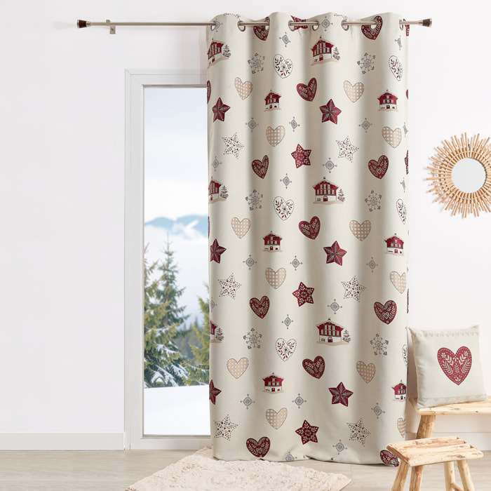 Rideau jacquard d’ameublement avec motifs chalets et cœurs - Rouge