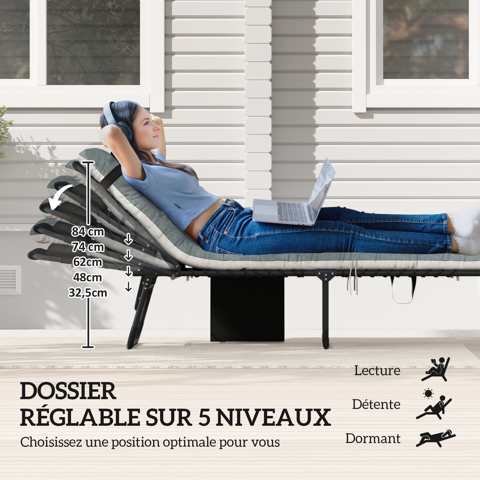 Lot de 2 bains de soleil pliables inclinables avec matelas grand confort