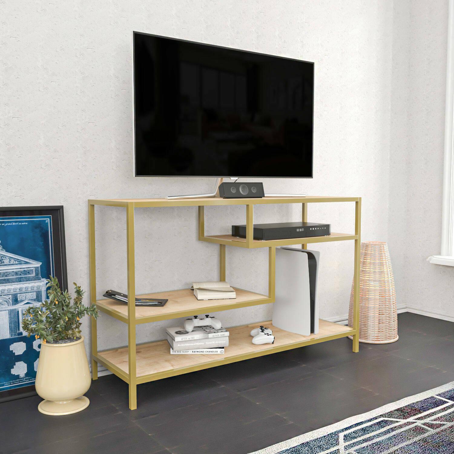 Mobile porta TV Dplizzar, Credenza da soggiorno, Armadio basso per TV, Base parete attrezzata, 120x39h75 cm, Oro e Quercia