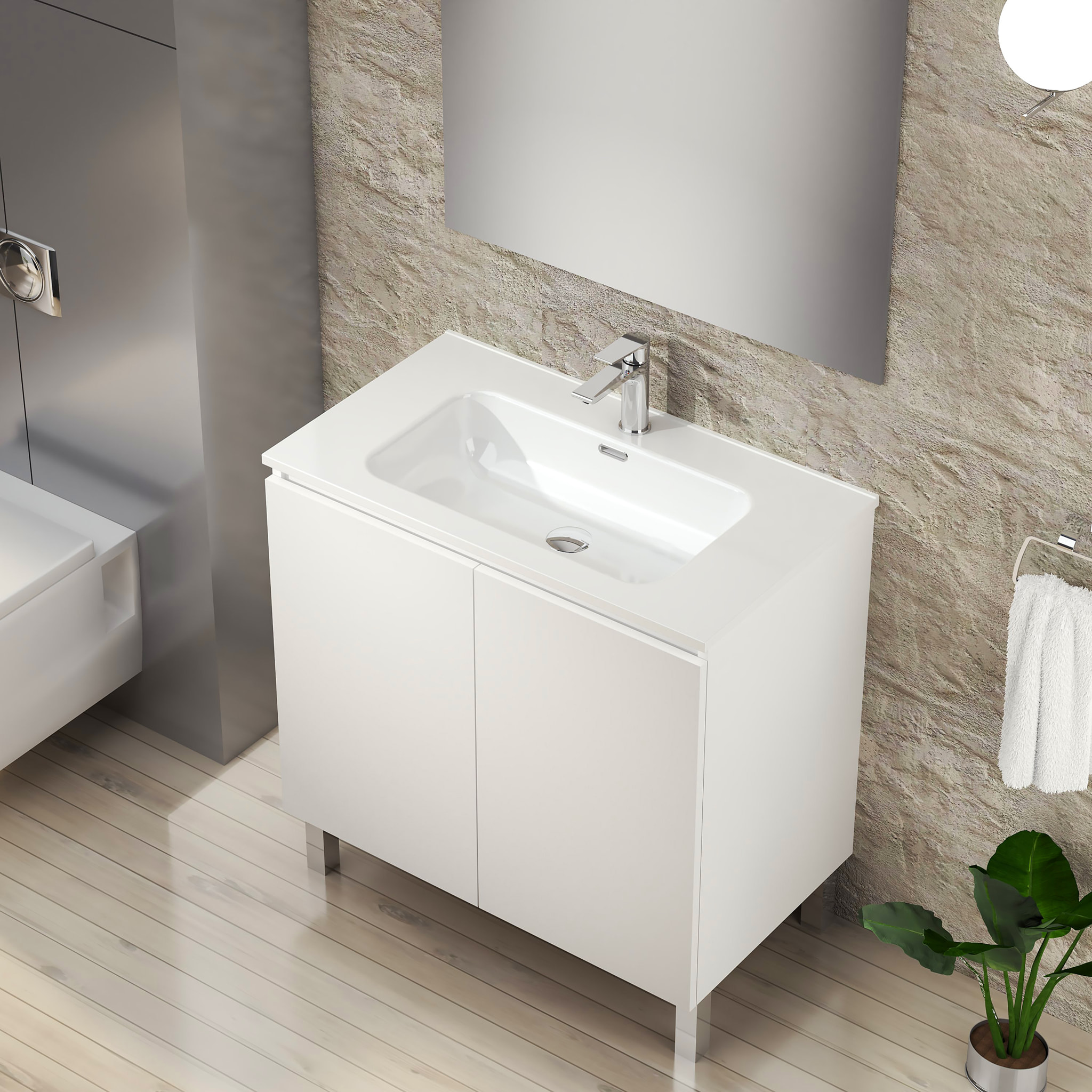 Conjunto de Baño Lust | 80 cm Blanco | Dos Puertas | Lavabo Encastrado | No incluye Espejo | Mueble Montado | Alday