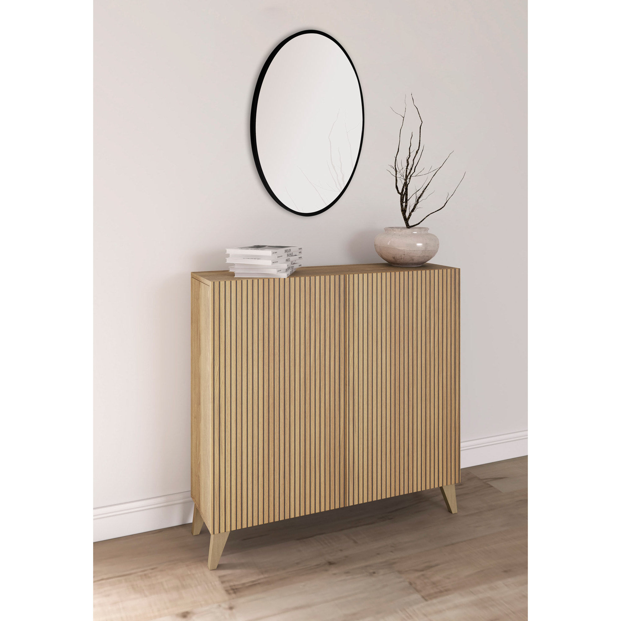 Zapatero Sunne melamina roble dorado puertas impresión vallado 90x90x27cm