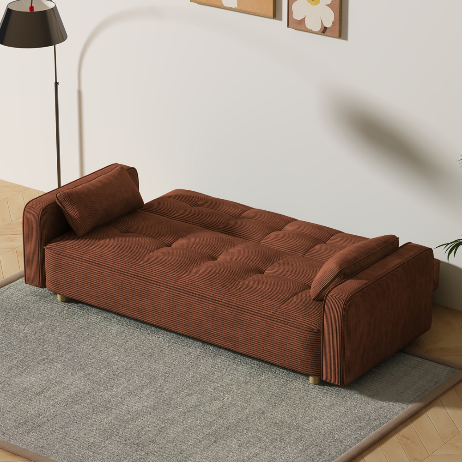 COOPER Canapé scandinave convertible 3 places en velours côtelé terracotta