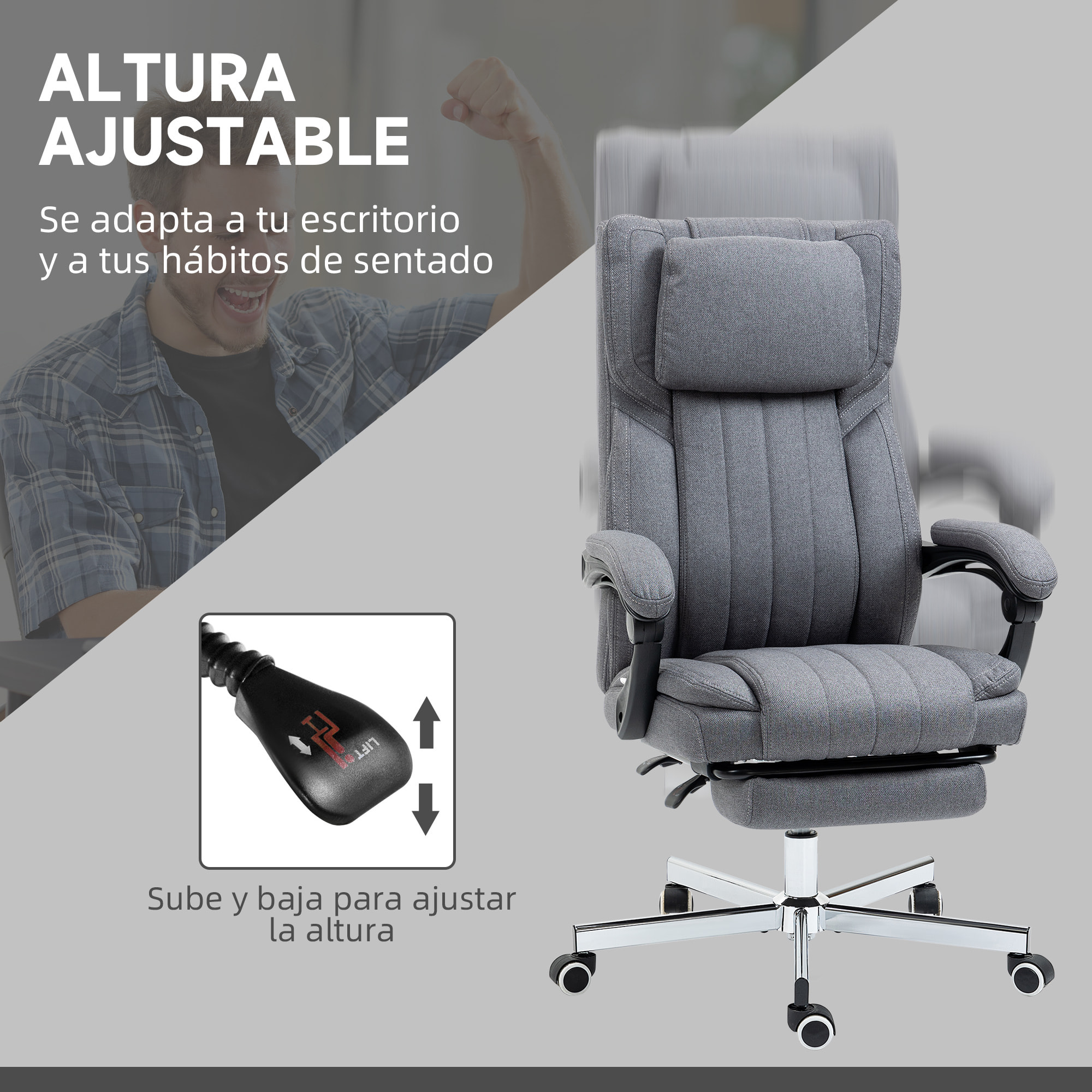 Silla de Oficina Giratoria con 6 Puntos de Masaje Vibratorio Silla de Escritorio Reclinable con Altura Ajustable Control Remoto Respaldo Alto y Reposacabezas 65x61x105-113 cm Gris