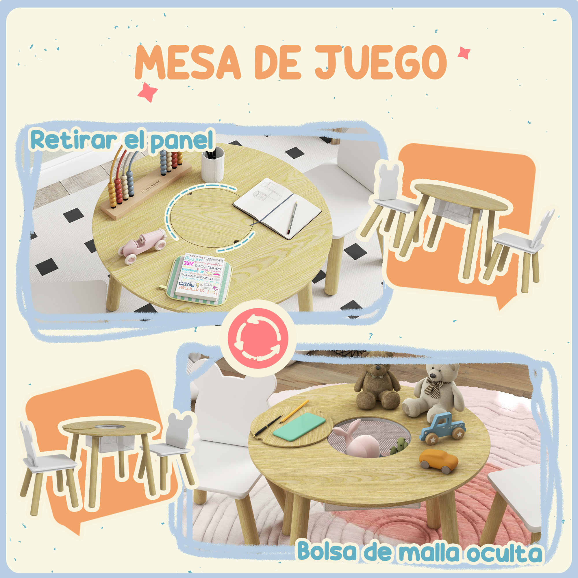 Mesa y Sillas Infantiles de 3 Piezas Mesa Infantil con 2 Sillas con Espacio de Almacenaje para Niños de 3-6 Años para Sala de Juegos Dormitorio Guardería Natural