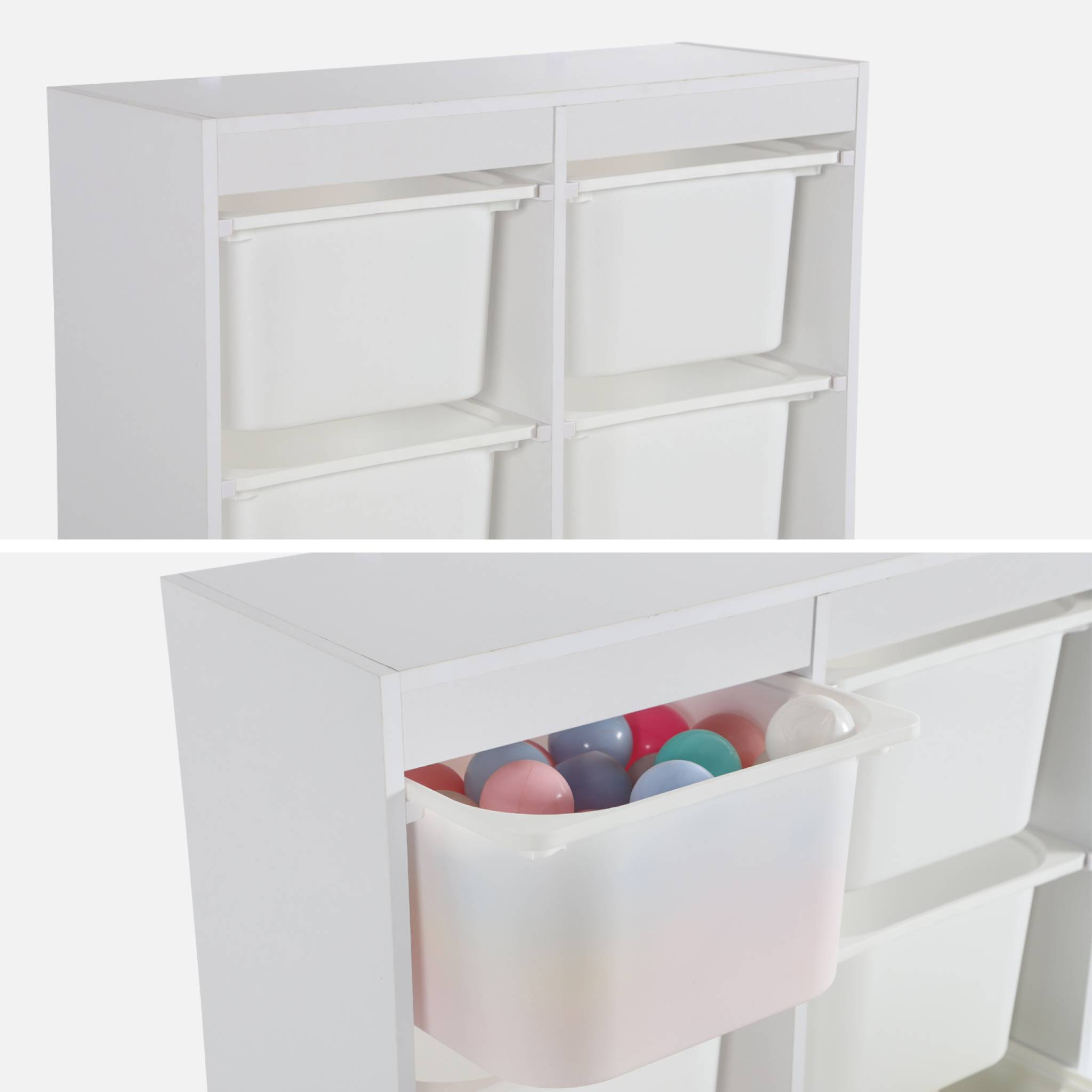 Meuble de rangement enfant. blanc. 6 bacs de rangement en plastique