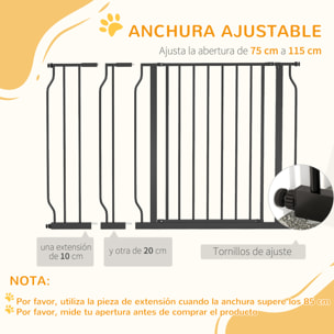 Barrera de Seguridad para Perros Extensible 75-115 cm para Puertas y Escaleras Puerta de Seguridad para Mascotas con Extensiones Montaje a Presión y Doble Bloqueo Negro