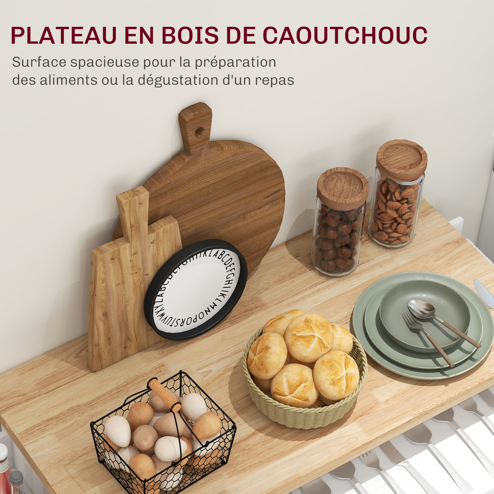 Desserte de cuisine multi-rangement - 2 portes, 2 étagères, tiroir, porte-épices, porte-torchon - blanc bois hévéa