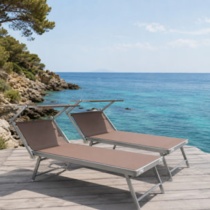 Coppia Di Lettini Prendisole Pieghevole Professionale in Alluminio e Tessuto Textilene Tettuccio Parasole Sdraio Mare Spiaggia 182x60x38 cm Tortora