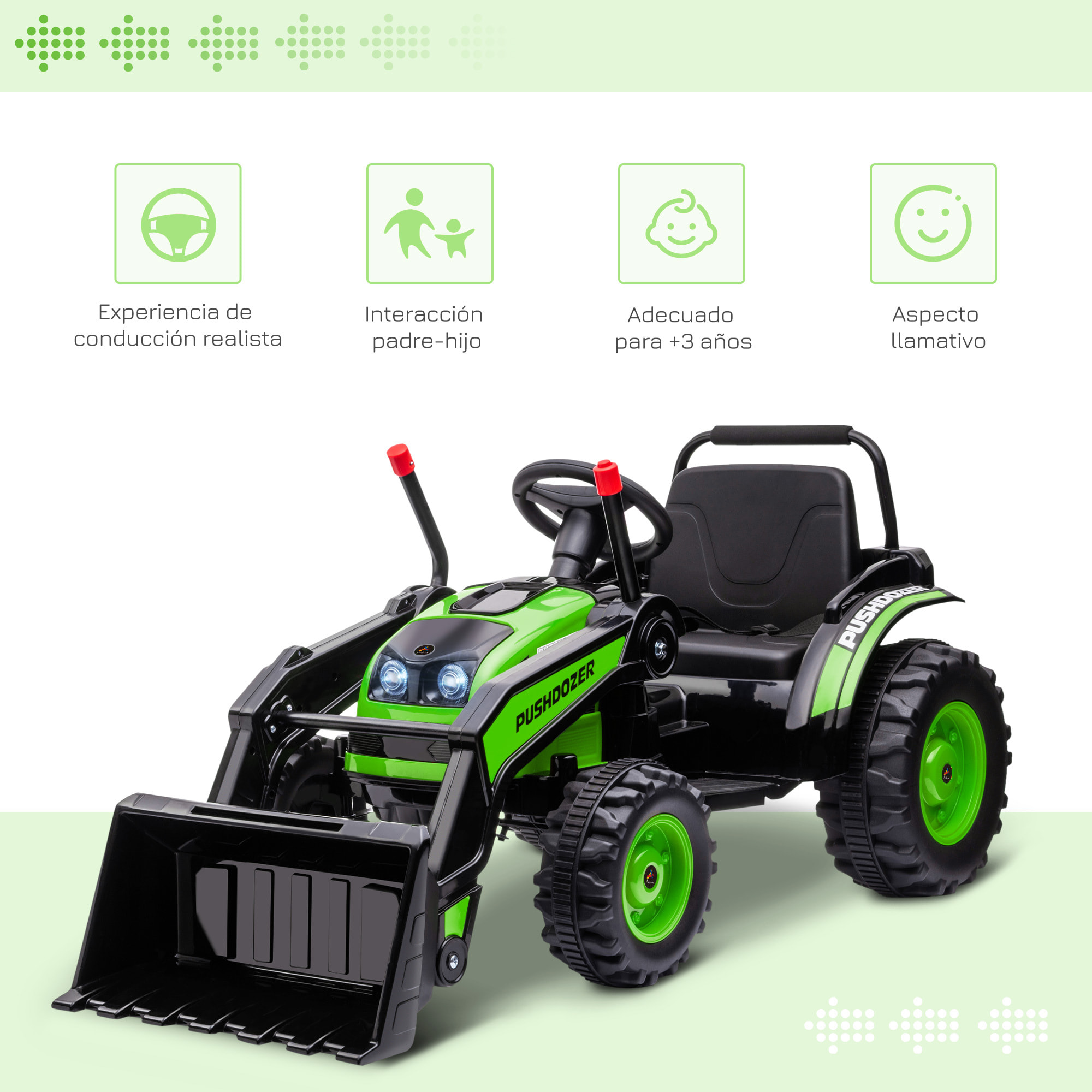 Tractor Excavadora Eléctrico Infantil +3 Años a Batería Música y Luces Verde