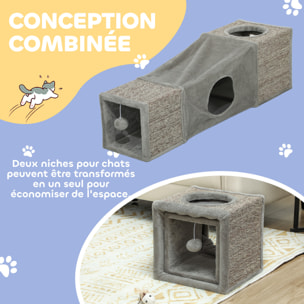 Tunnel grattoir niche modulable pour chat 3 en 1 - jeu balle suspendue - 4 entrées - peluche sisal gris