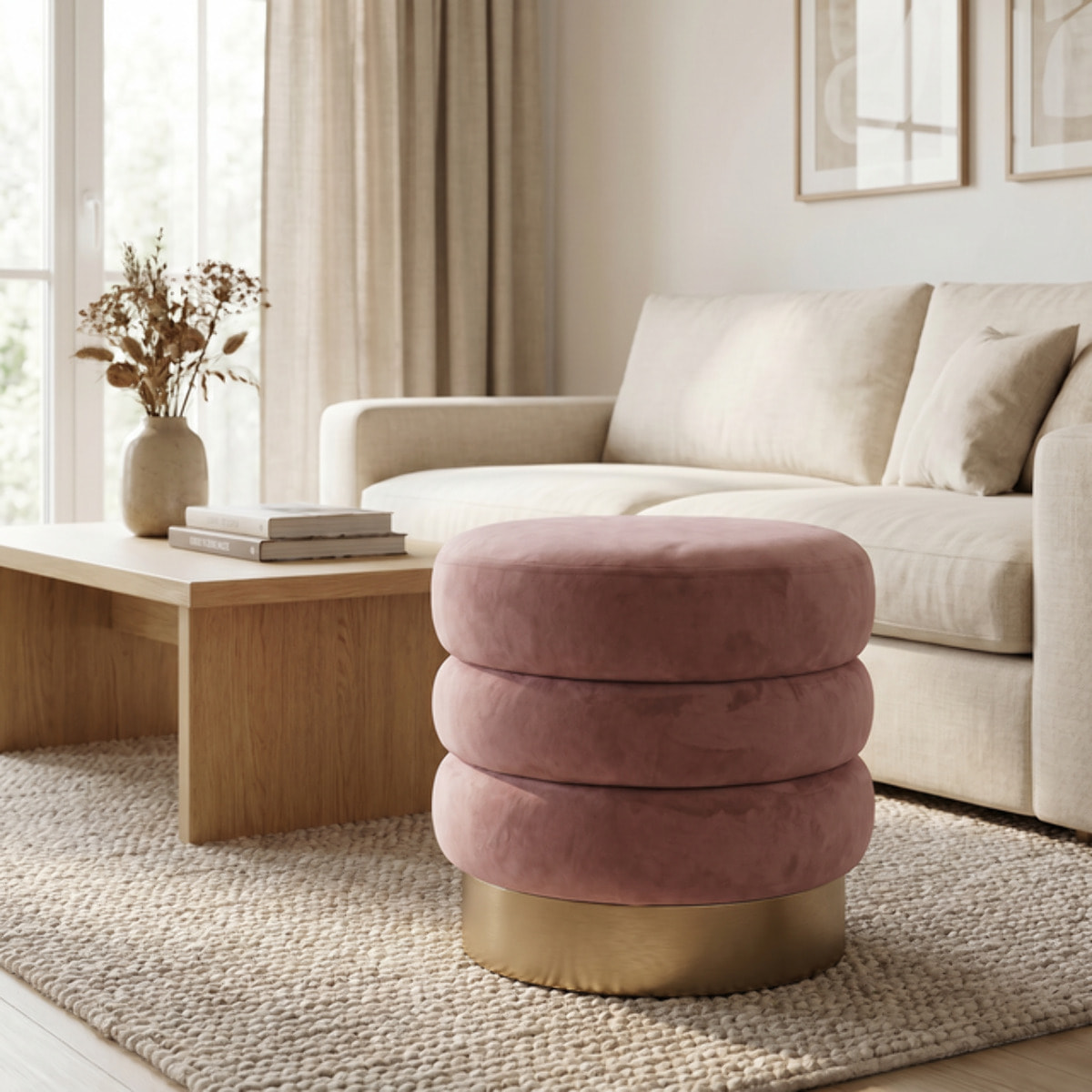 Pouf rotondo in velluto con base oro Ø38x38 cm, sgabello imbottito design moderno elegante, seduta decorativa per salotto camera da letto ingresso cabina armadio, pouf velvet con struttura resistente fino a 100 kg