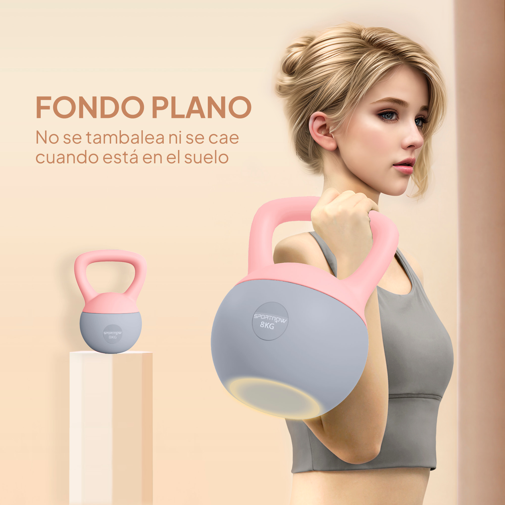 Pesa Rusa 8 kg, Soft Kettlebell Relleno de Arena Metálica y Mango Antideslizante, para Entrenamiento Culturismo en Casa, Gimnasio, Rosa Palo y Gris