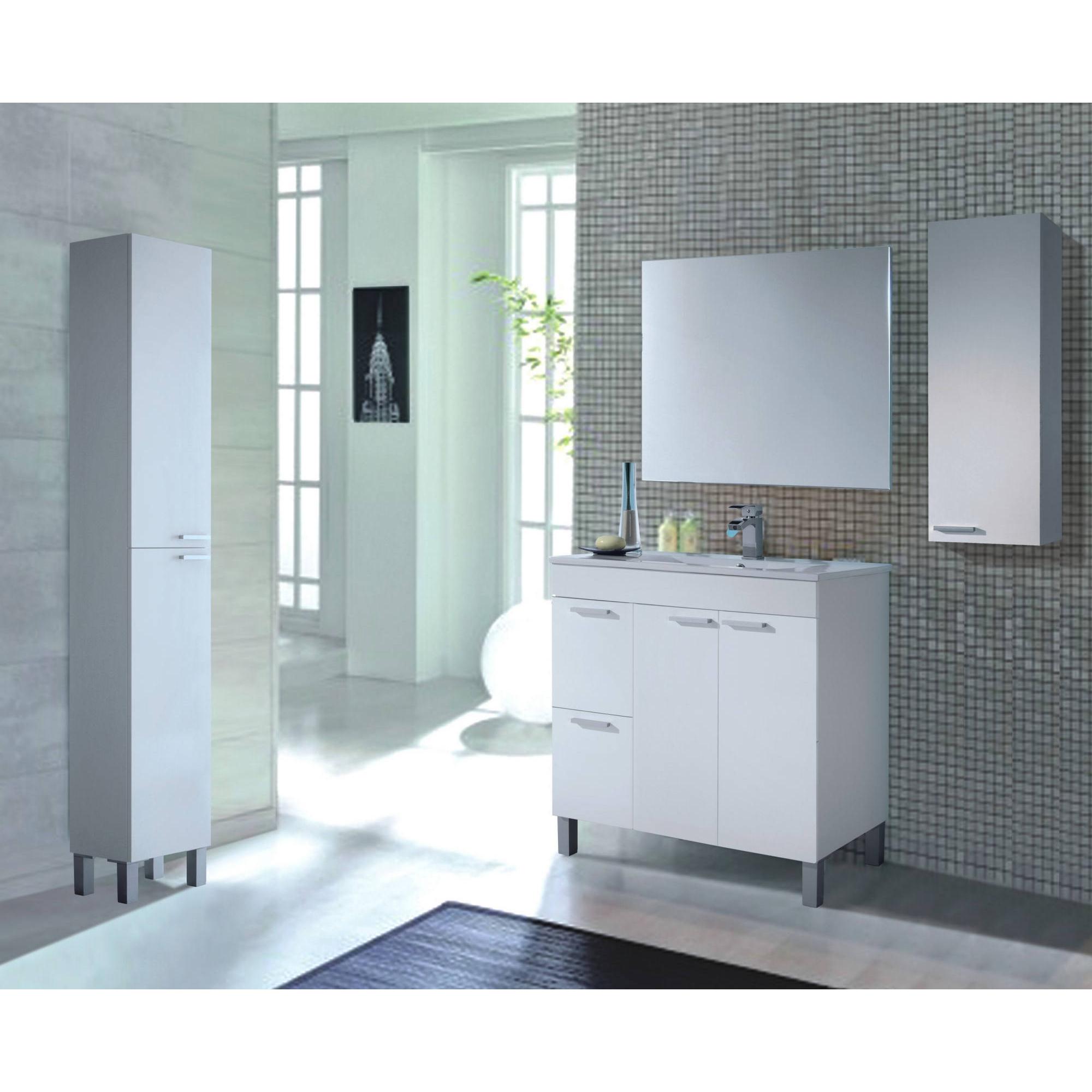 Mobile sottolavabo Lakewood, Mobiletto per bagno, Armadio a 2 ante e due cassetti con specchio, lavabo non incluso, cm 80x45h80, Bianco lucido