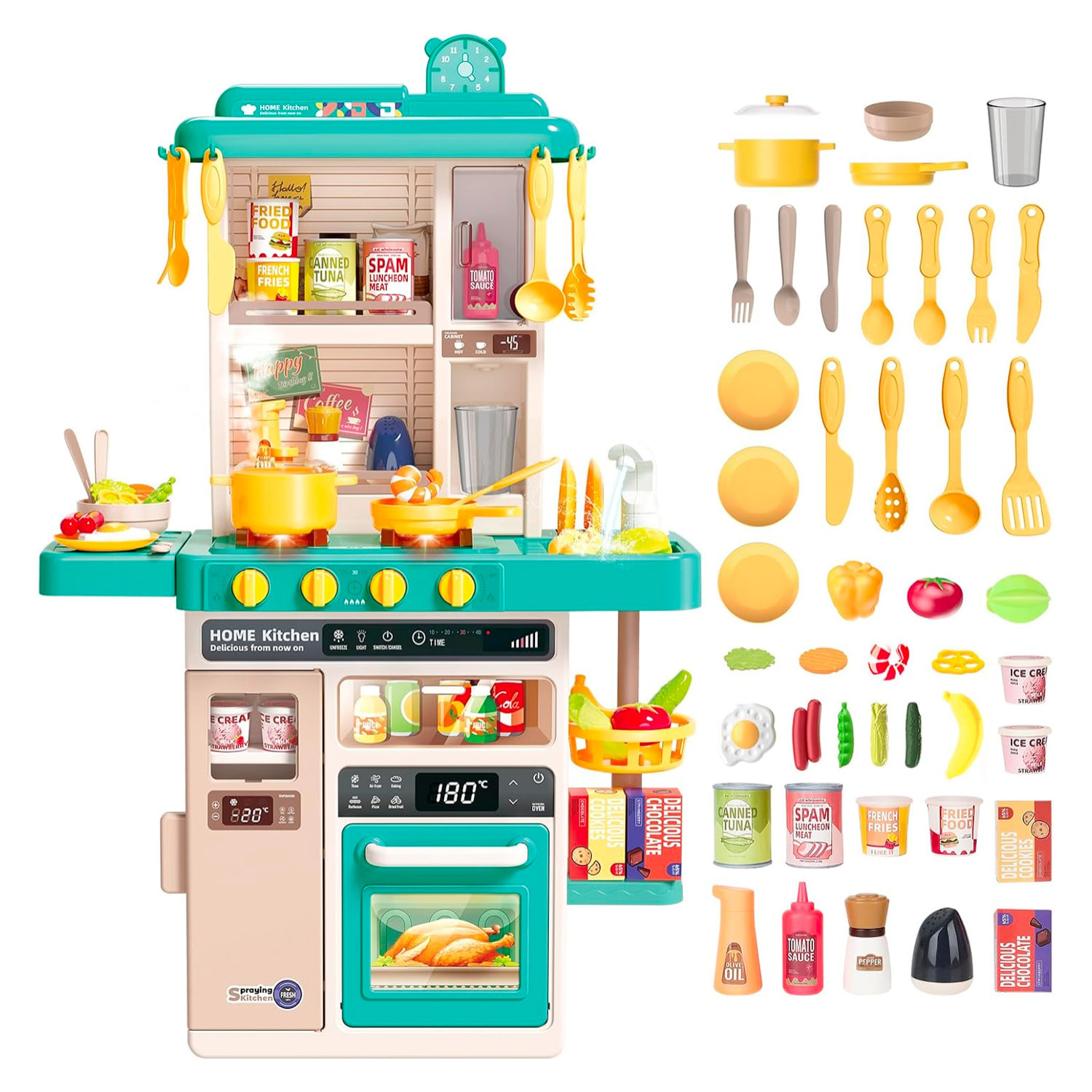 Cucina Giocattolo Bambini Con Luci E Suoni Realistici Rubinetto Con Riciclo Acqua Forno Fornelli Apribili 50 Accessori Gioco Educativo 3–8 Anni Verde
