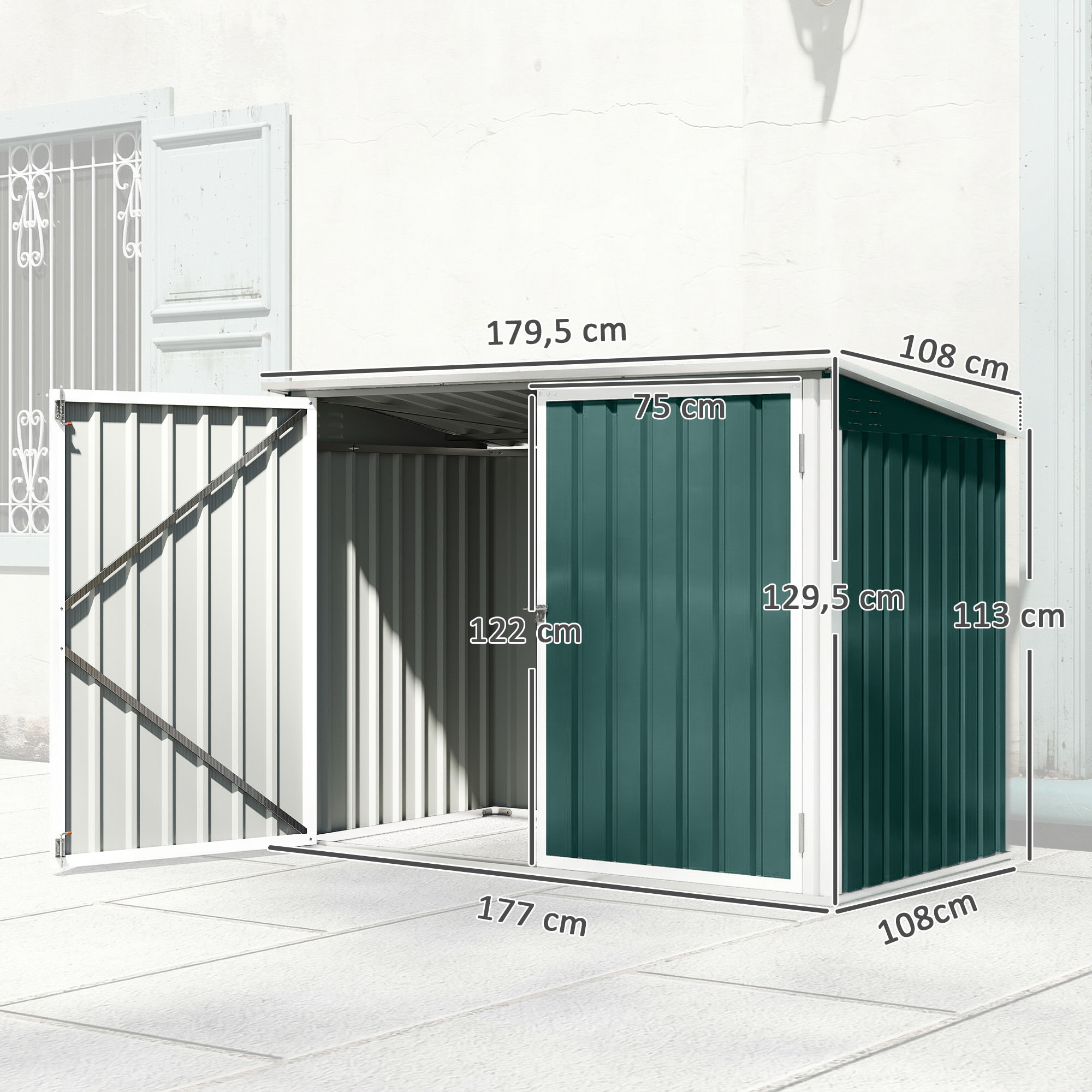 Abri de poubelle jardin - cache poubelle - 2 portes verrouillables, toit ouvrant - tôle d'acier blanc vert