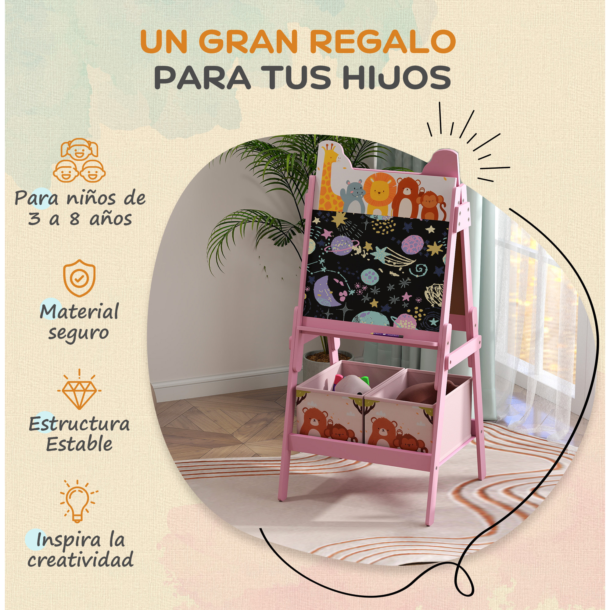 Pizarra Infantil Caballete 2 en 1 Doble Cara con Pizarra Blanca 2 Cestas de Almacenamiento Caballete Pintura Niños con Estampado de Animales 53,5x49x113 cm Rosa