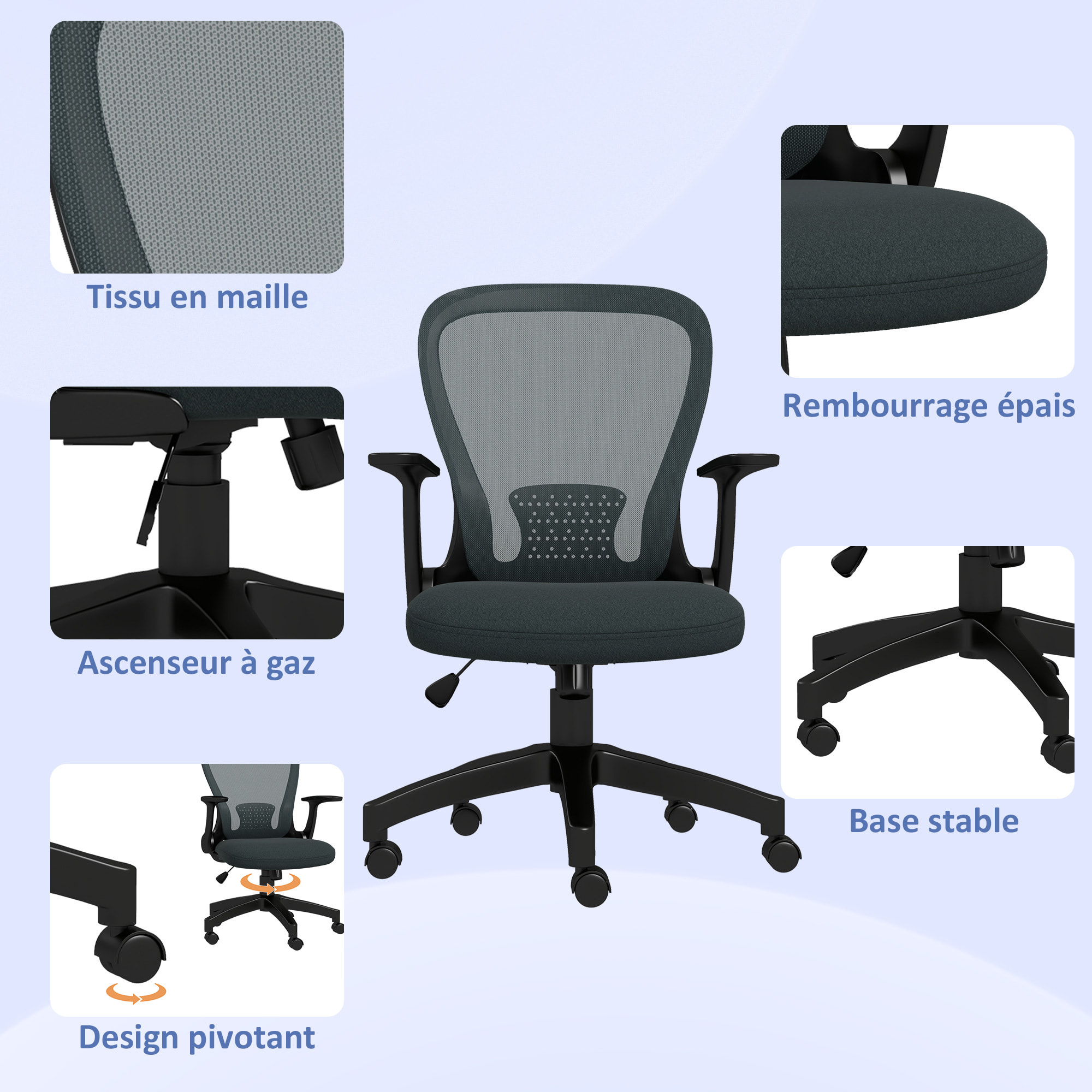 Chaise de bureau ergonomique - soutien lombaire, hauteur réglable, pivotante - noir anthracite