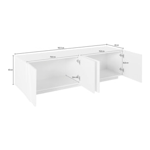 Mobile da soggiorno Porta TV, Made in Italy, Supporto per TV da salotto a 4 ante con dettaglio, cm 162x44h46, colore Bianco lucido