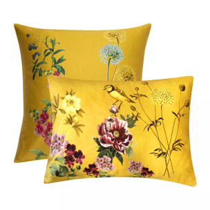 Taie d'oreiller satin de coton imprimé jaune Mesanges curry