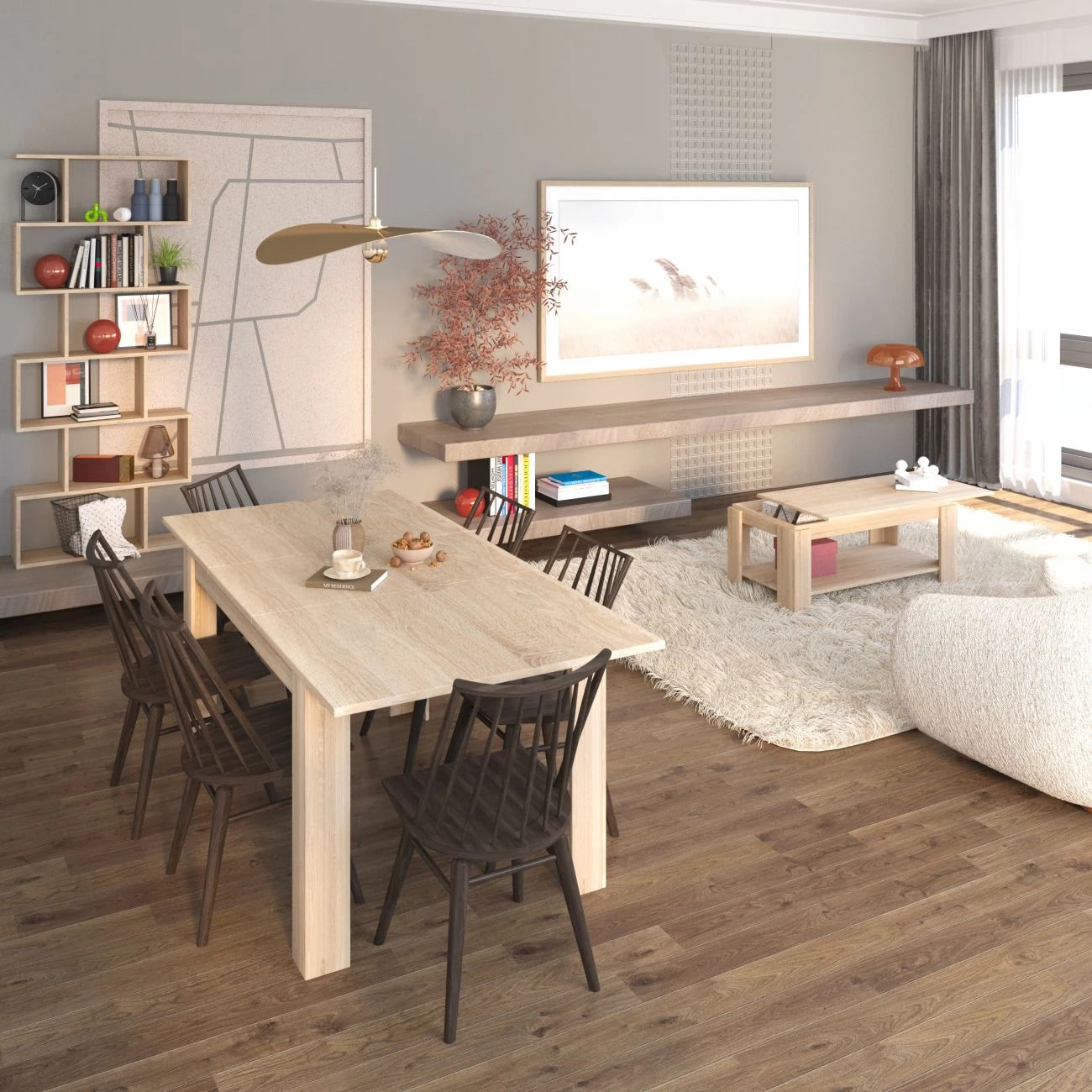 Pack mesa de comedor 140 y mesa de centro Lya Roble Canadian