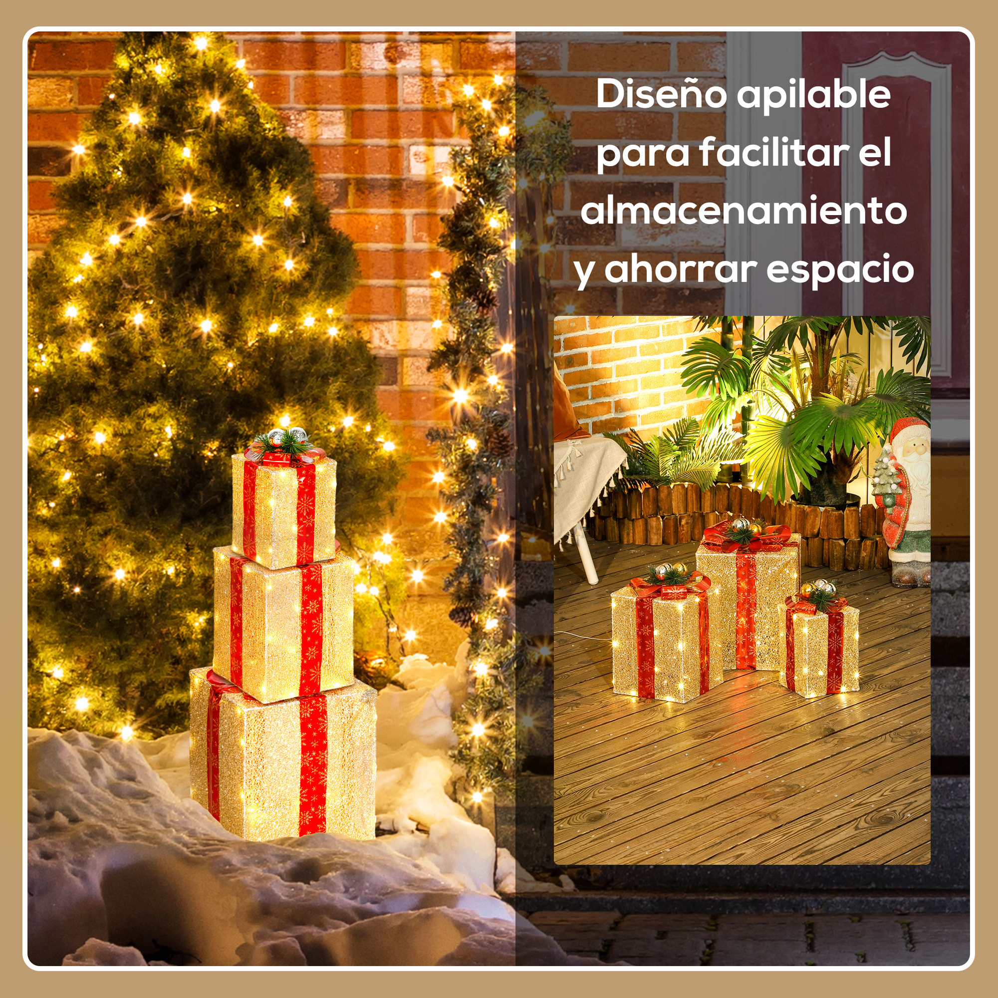 Juego de 3 Cajas de Regalo Navidad con Luces, Adornos Luminosos para Árbol de Navidad con 58 LED Blanco Cálido, Illuminación Navideña para Interior, Exterior y Fiesta, Dorado