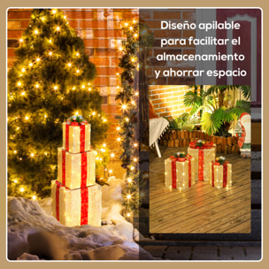 Juego de 3 Cajas de Regalo Navidad con Luces, Adornos Luminosos para Árbol de Navidad con 58 LED Blanco Cálido, Illuminación Navideña para Interior, Exterior y Fiesta, Dorado