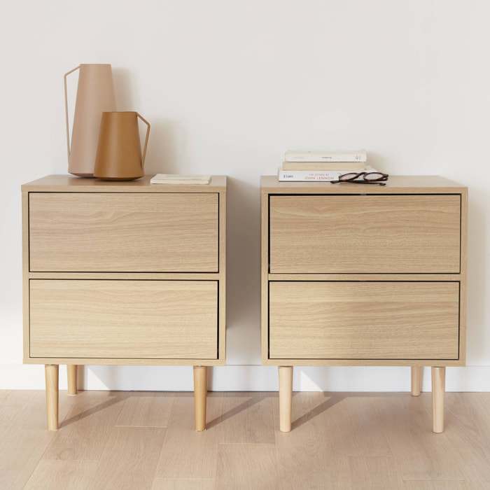 Lot de 2 tables de chevet décor bois naturel - Mika - 2 tiroirs - L 48 x l 40 x H 59cm