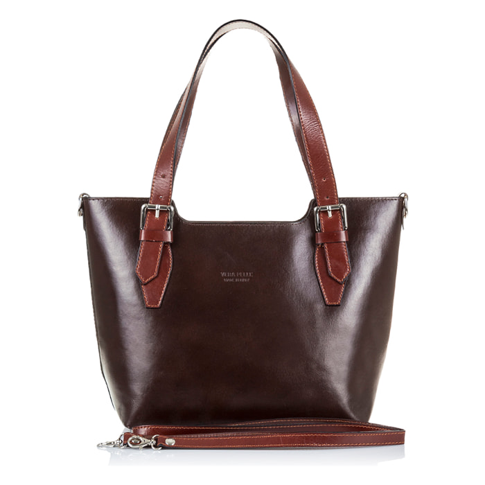 FIRENZE ARTEGIANI Borsa Tote da Donna Arezzo. Vera Pelle Tamponato Made in Italy 37x10x25 Cm. Colore: marrone scuro