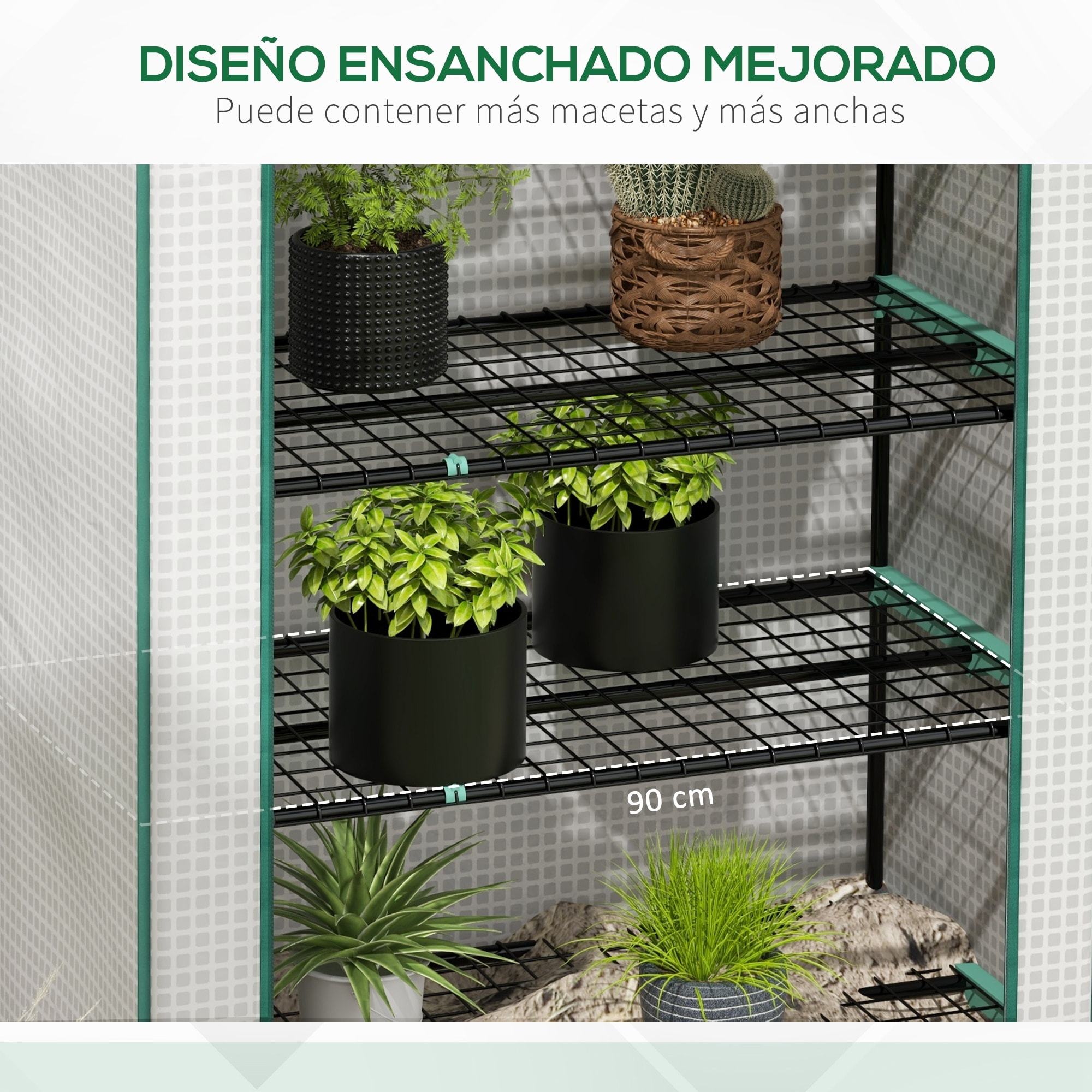 Invernadero de Jardín de 5 Niveles Invernadero Pequeño Exterior con Puerta Enrollable con Cremallera Anti-UV Diseño Ensanchado y Estantes para Cultivo de Plantas Flores 90x49x193 cm Blanco