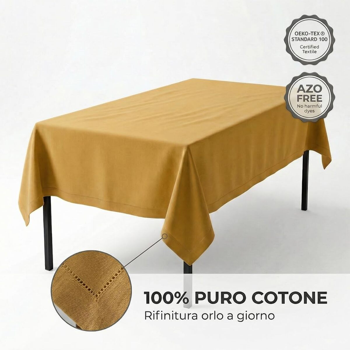 Tovaglia in cotone ajour elegante e raffinata, tessuto morbido e resistente, ideale per tavola quotidiana e occasioni formali, design versatile e curato, facile da lavare e stirare, certificata sicura per uso alimentare