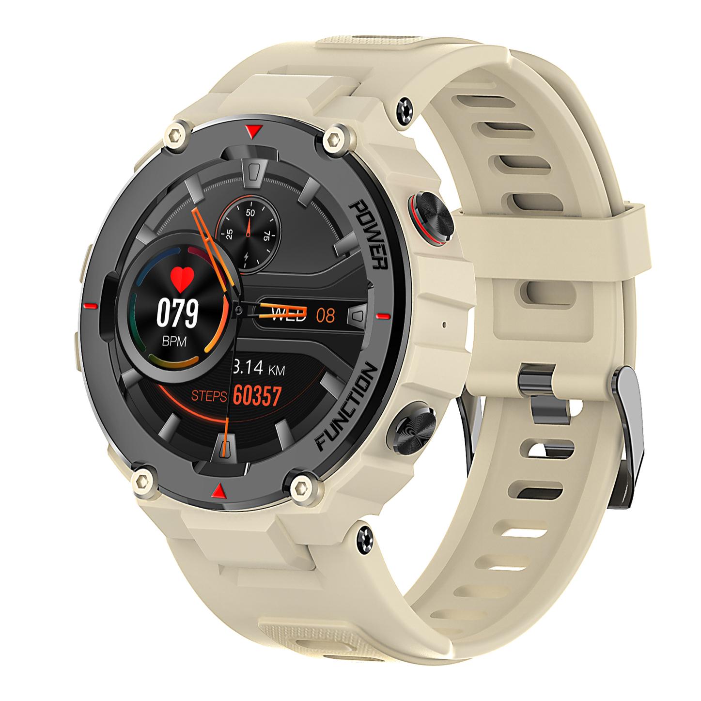 Smartwatch F26 outdoor. Sumergible 30 m, resistencia a temperaturas extremas. Reproductor musical y memoria interna, 10 modos deportivos.