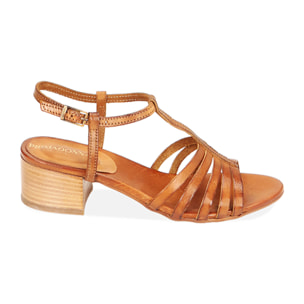 Sandalias color coñac en piel de vacuno, tacón de 4 cm