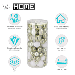 set de 100 bolas de navidad color verde pet con diferentes diseños y acabados