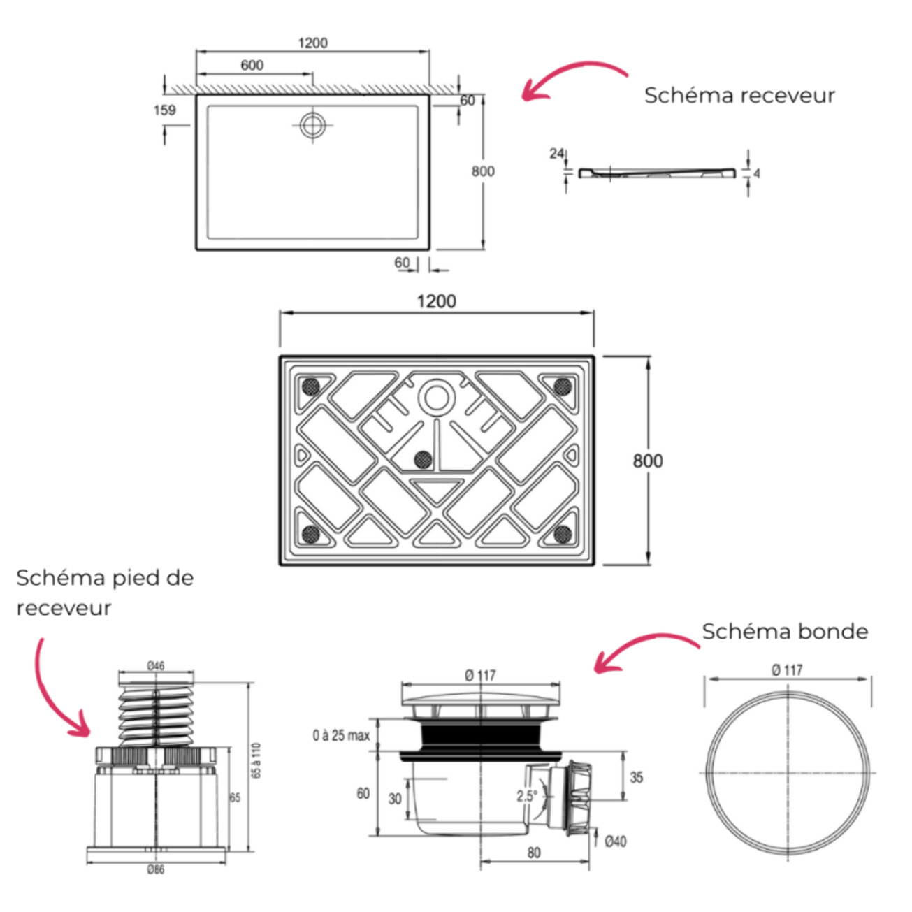 Receveur de douche 120 x 80 Gaspard extra-plat céramique + Kit de réhausse (5 pieds) + Bonde