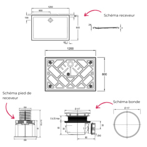 Receveur de douche 120 x 80 Gaspard extra-plat céramique + Kit de réhausse (5 pieds) + Bonde