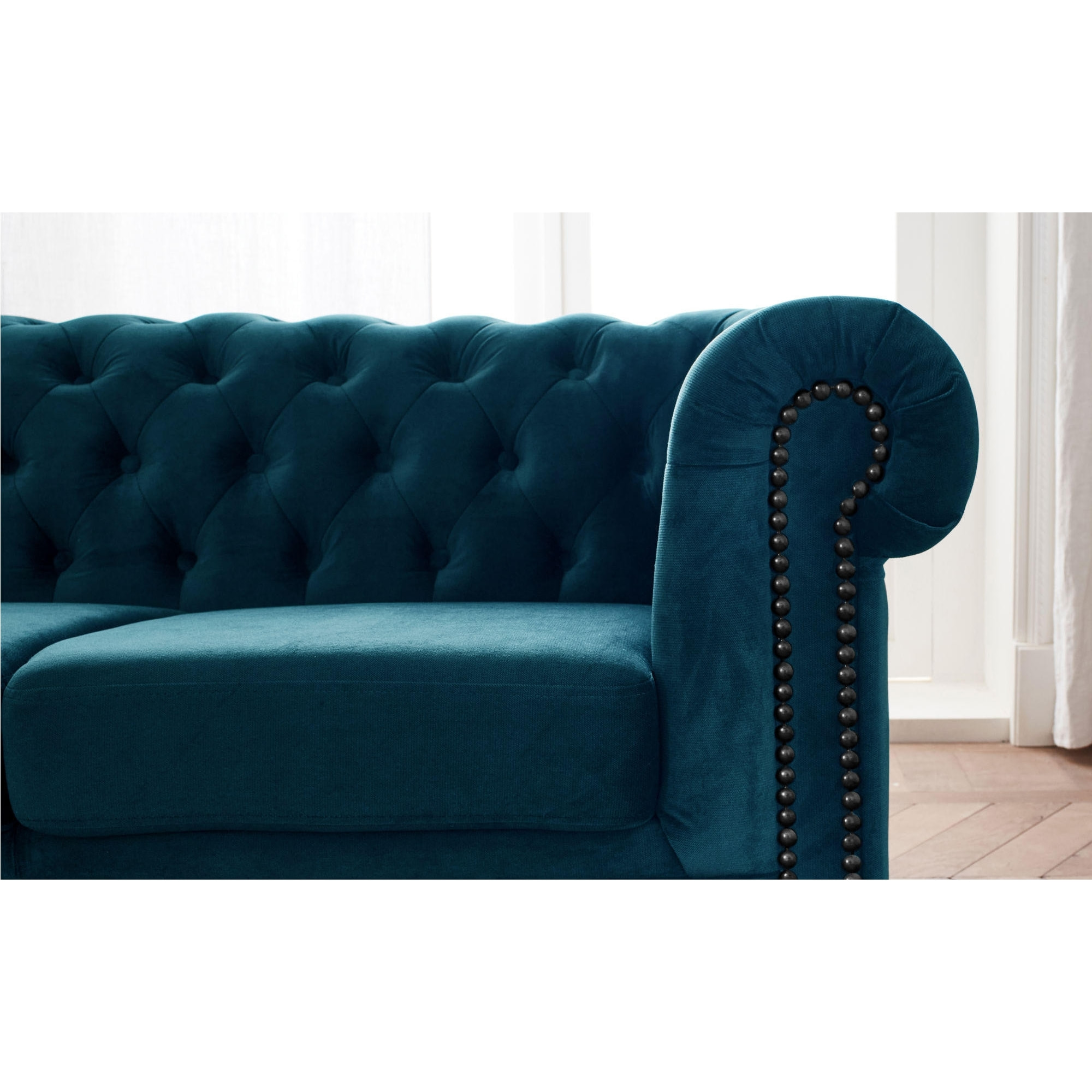 William - canapé Chesterfield d'angle gauche - 4 places - en velours - Bleu canard