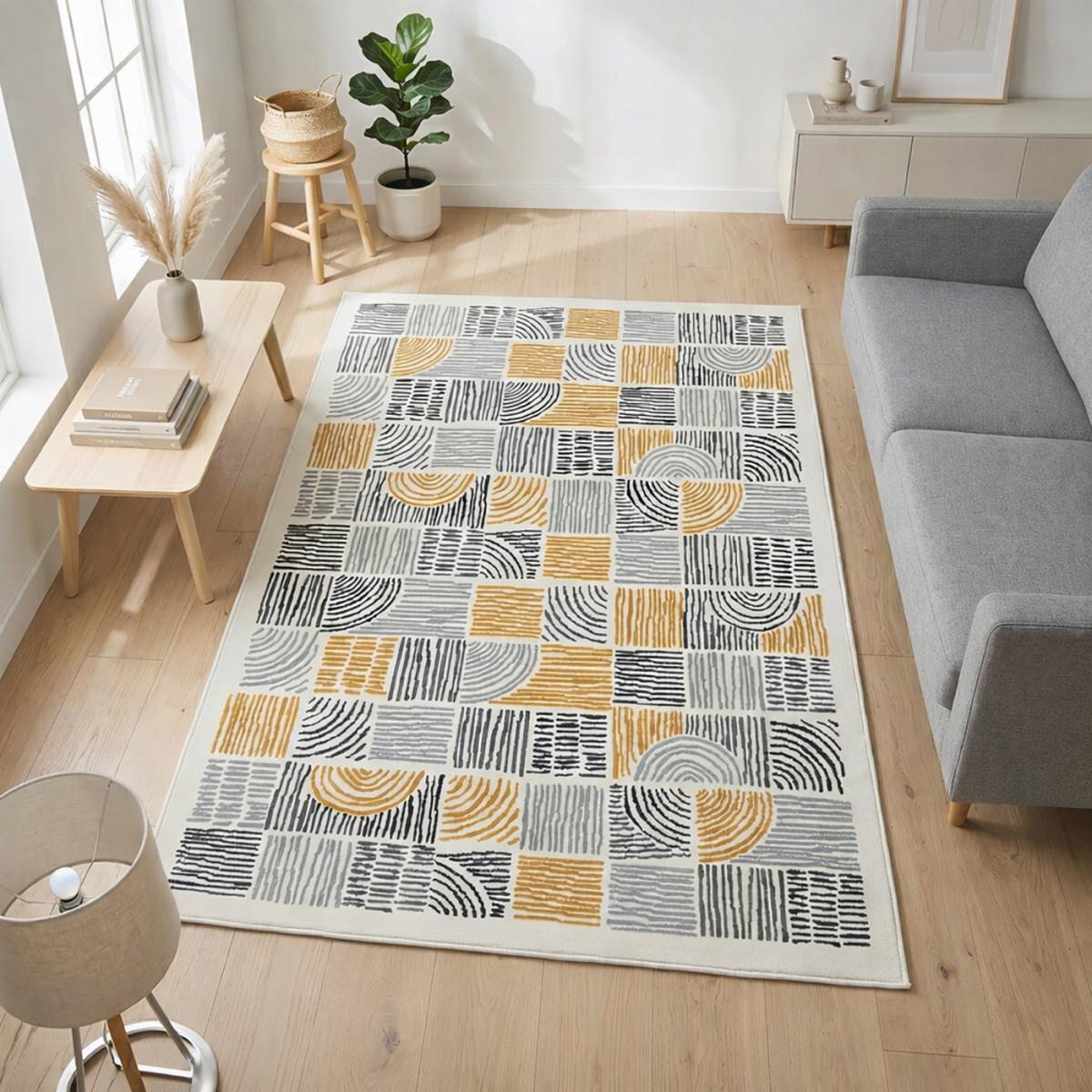 Tapis salon DORI, motif géométrique graphique, moderne