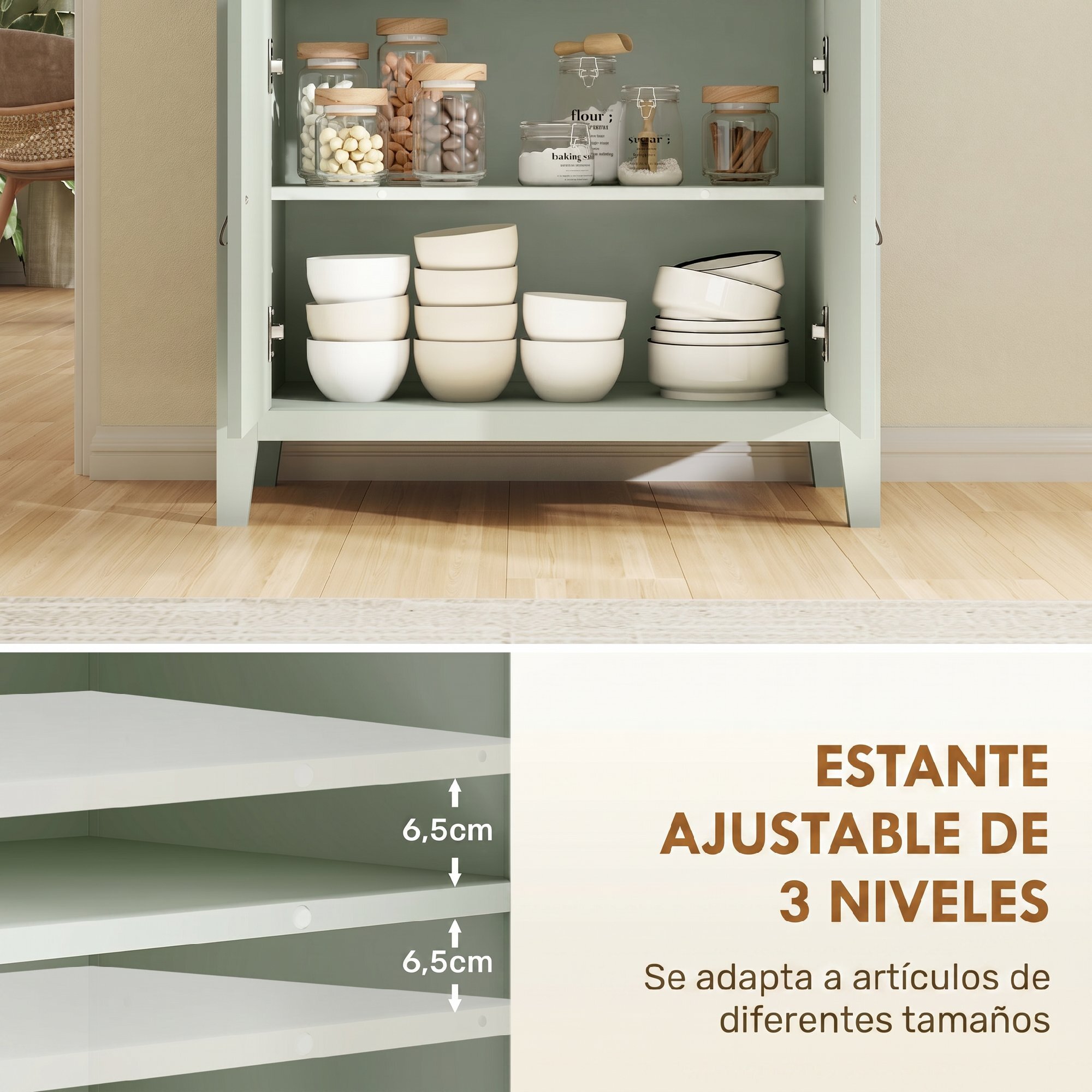 Aparador de 2 Puertas Aparador de Salón Moderno con Cajón Estante Ajustable y Tiradores de PU Mueble Auxiliar para Comedor Pasillo 80x40x90 cm Verde Claro