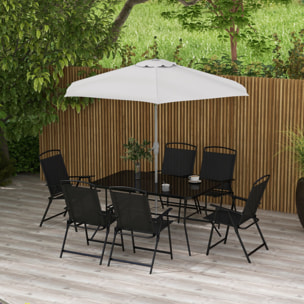 Ensemble salon de jardin 6 places 8 pièces - parasol, table, 6 chaises pliantes - métal époxy textilène polyester noir gris