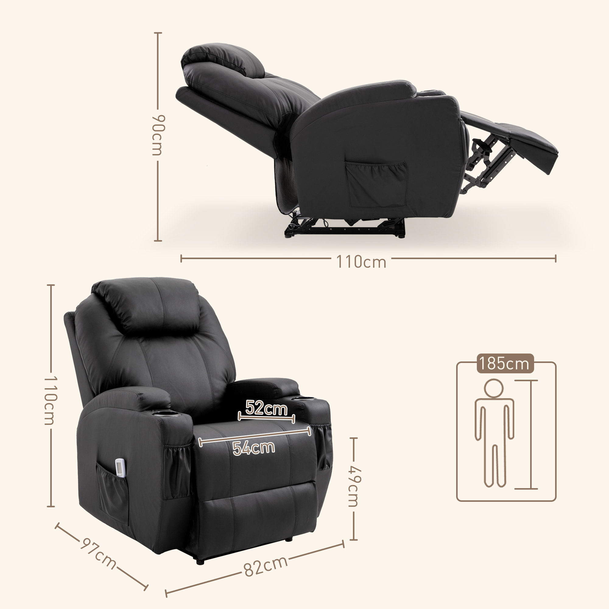 Fauteuil luxe de relaxation et massage inclinaison dossier repose-pied électrique revêtement synthétique noir