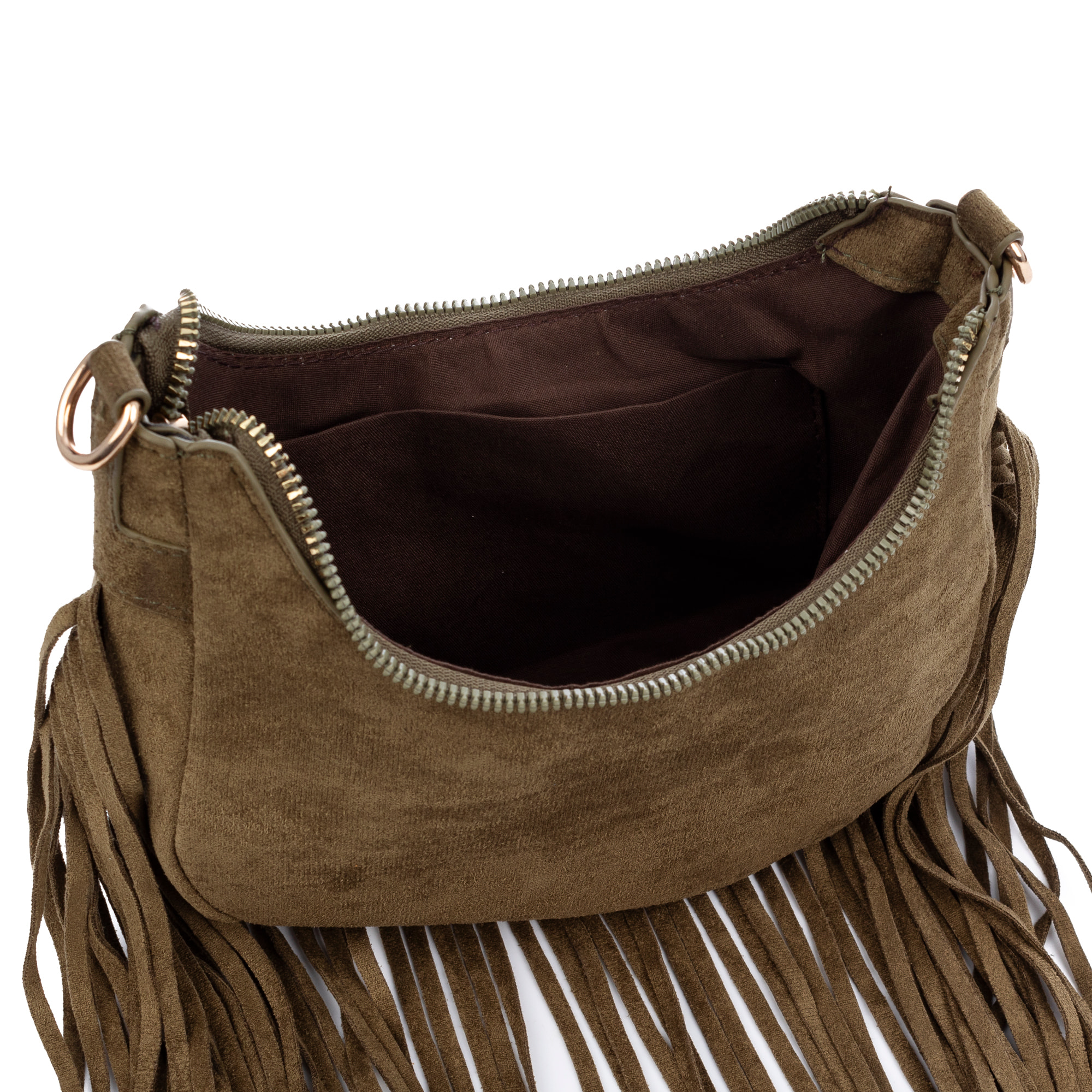 Ateleta bolso bandolera de piel auténtica gamuza, con flecos.