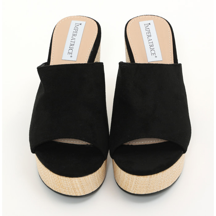 Sandali platform in simil camoscio con tacco in rafia