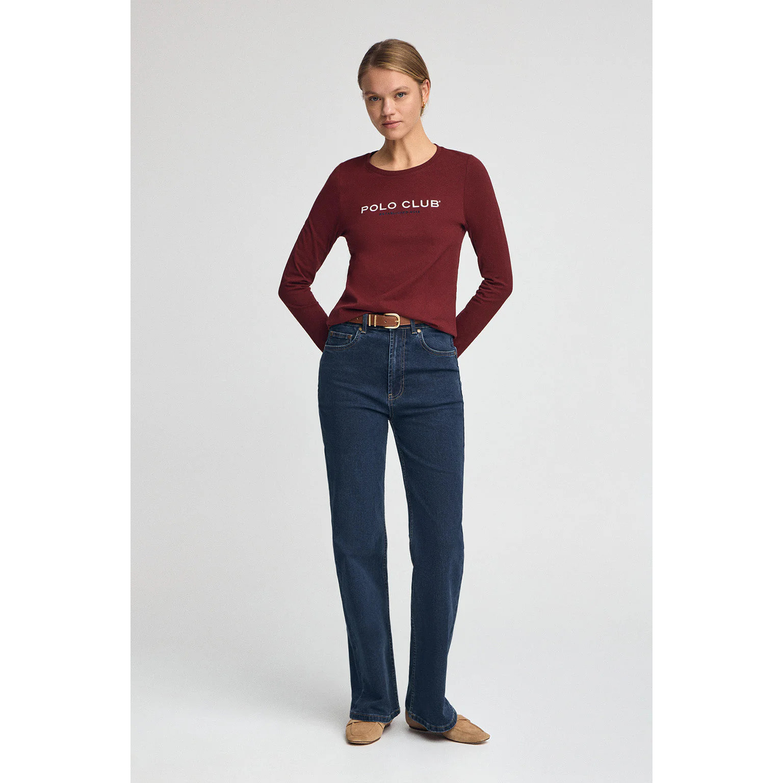 Camiseta granate de manga larga y logo bordado Established 2012 Polo Club