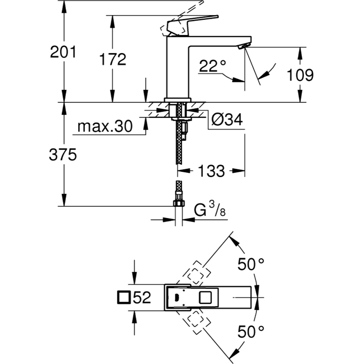 Mitigeur monocommande Lavabo Eurocube, Taille M sans vidage