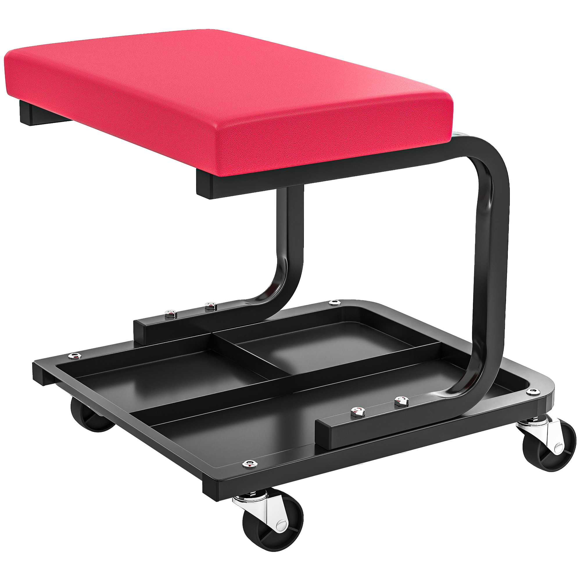 Tabouret d'atelier mobile - tabouret de mécanicien - plateau outils - acier noir synthétique rouge
