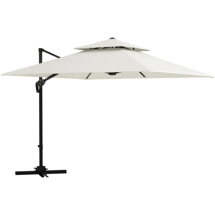 Parasol déporté carré double toit inclinable pivotant manivelle lestage inclus acier polyester écru