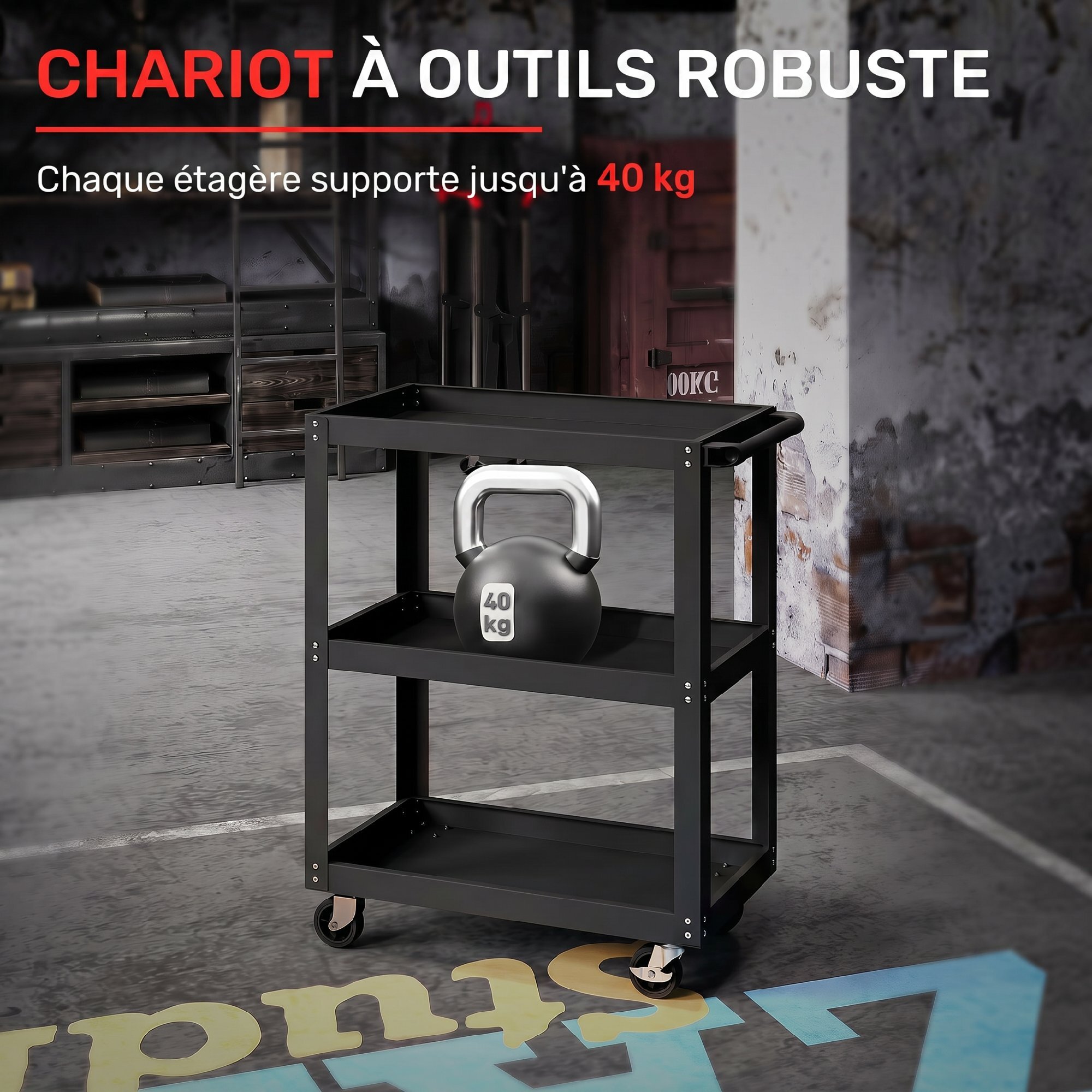 Chariot à outils 3 niveaux - chariot d'atelier servante - max. 120 Kg - métal noir